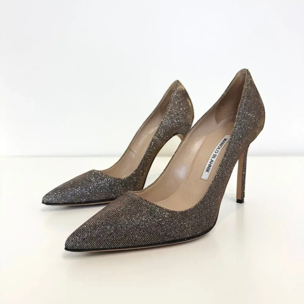 Manolo Blahnik BB 105 Nott Gold Glitter Pumps 39 Metallic Gray Point Toe Heels